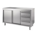 Gastro M RVS werktafel met schuifdeuren en 3 laden 88x160x70cm