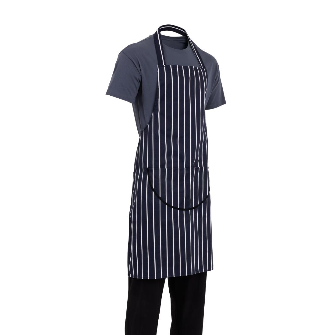 Whites halterschort blauw-wit gestreept met zak