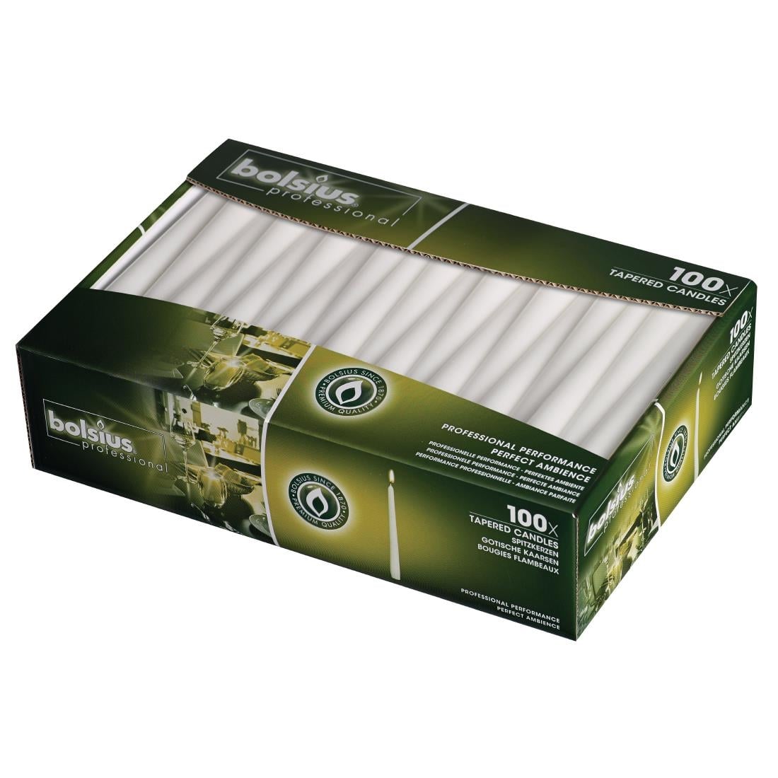 Bougies effilées Bolsius 254mm blanches (lot de 100)