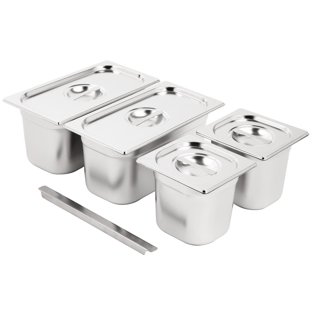 Ensemble de bacs GN 2x 1/3 et 2 x 1/6 en inox avec couvercles Vogue