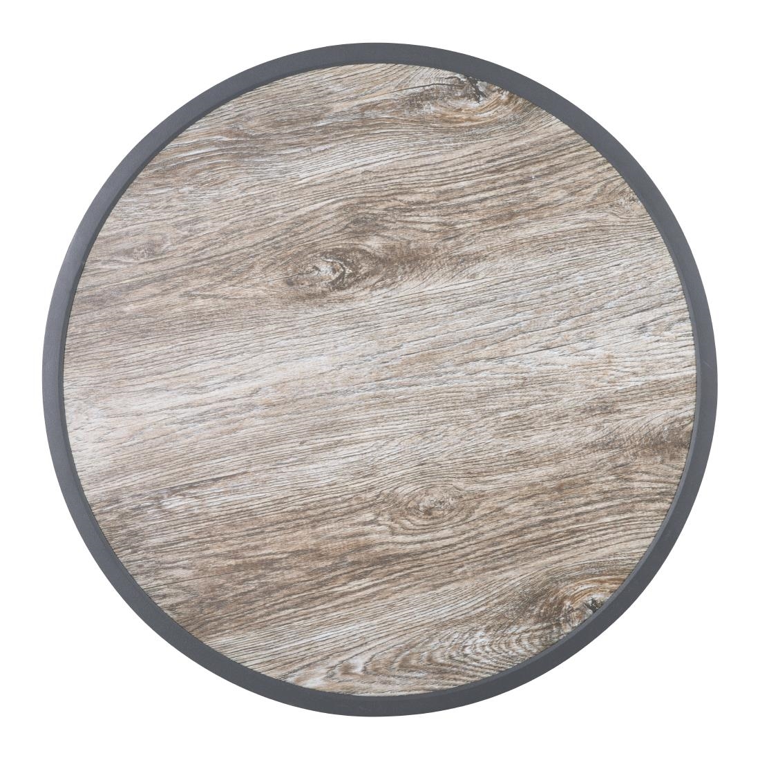 Plateau de table extérieur rond en verre trempé Bolero effet grain de bois bord gris 580mm