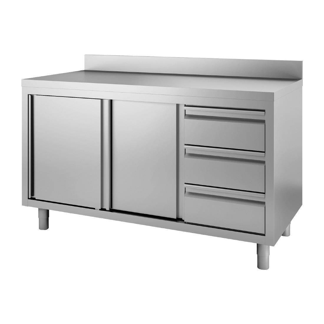Table armoire inox avec dosseret 3 tiroirs à droite et portes coulissantes Gastro M 850/900x2000x700mm