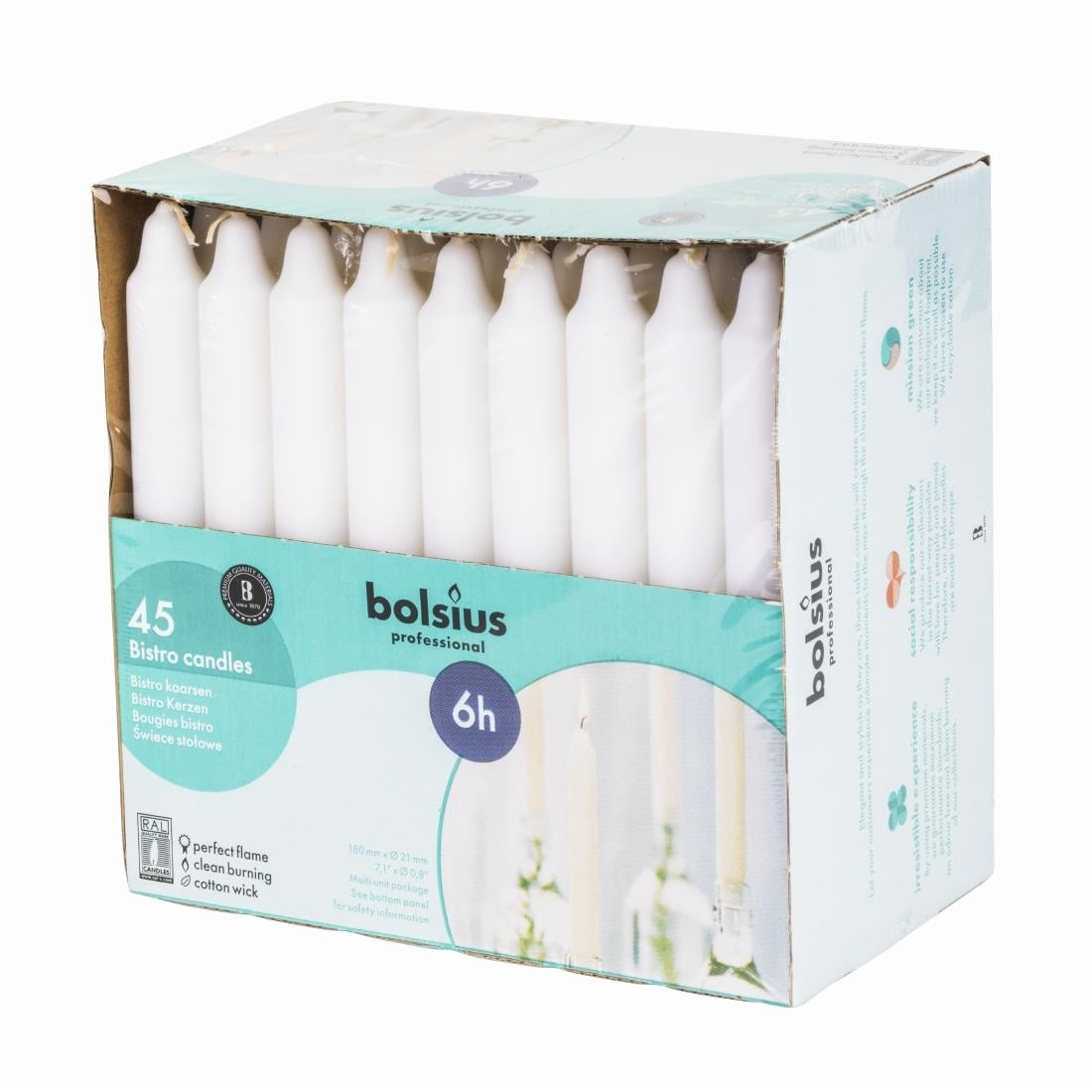 Bougies bistro Bolsius 177mm blanches (lot de 45)