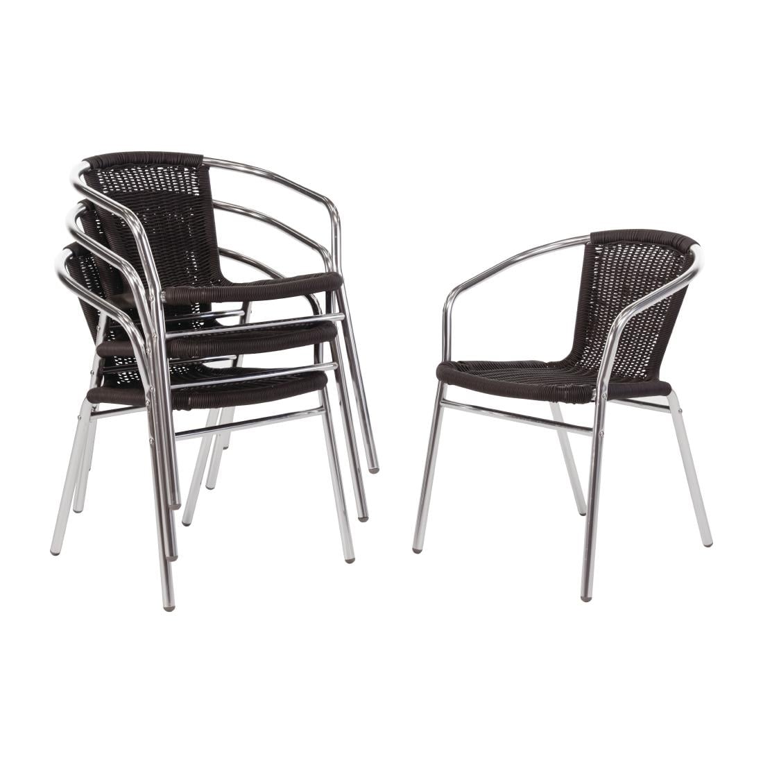 Fauteuils en rotin PE empilables Bolero noirs et aluminium (lot de 4)